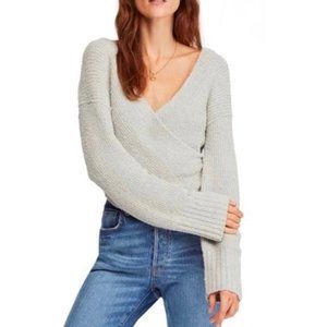 Free People Women's Gray Long Sleeve V-neck Faux Wrap Sweater